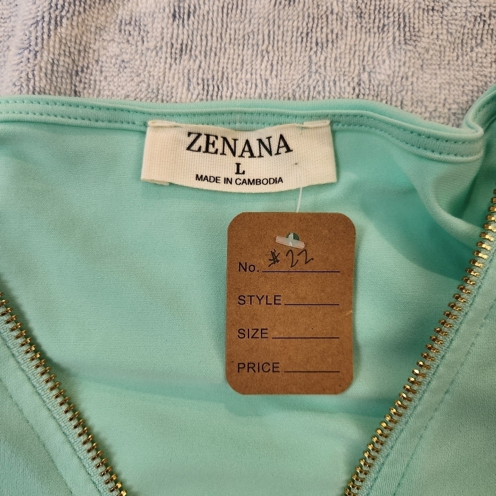 3/$25 Zenana bright pastel seafoam green long sleeve gold zipper blouse size L - Picture 8 of 11